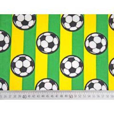 Baumwollstoff Fußball grün-gelb gestreift mit schwarz-weißen Fußbällen – Oeko-Tex, 145 cm breit, 0,5 m Stück