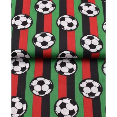 Baumwollstoff Fußbälle – Rot Grün Schwarz Gestreift, Fußballstoff für Jungs & Fans, Oeko-Tex