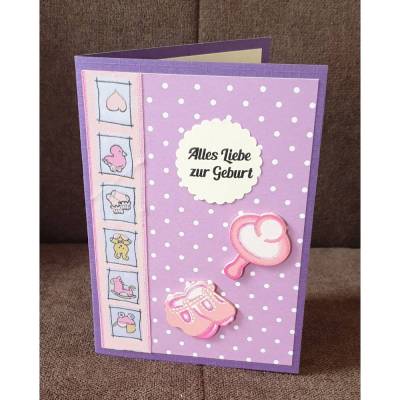 Glückwunschkarte " Geburt " Alles liebe zur Geburt , Schnuller , Babyschuhe