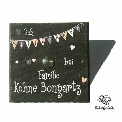 Klingelschild Schiefer Wimpelkette mit Klingeltaster – Handbemalte, Personalisierte Klingelplatte