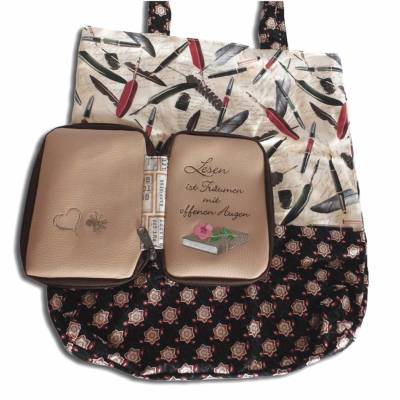Falttasche Einkaufsbeutel mit Stickmotiv Bücher Lesen Einkaufstasche - Geschenk Geburtstag Weihnachten - faltbare Tasche Büchertasche Shopper Stofftasche Tragetasche