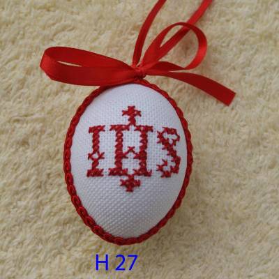 Osterdeko, Kreuzstich Osterei,  religiöses Motiv  Handgestickt, rot-weiß 6cm