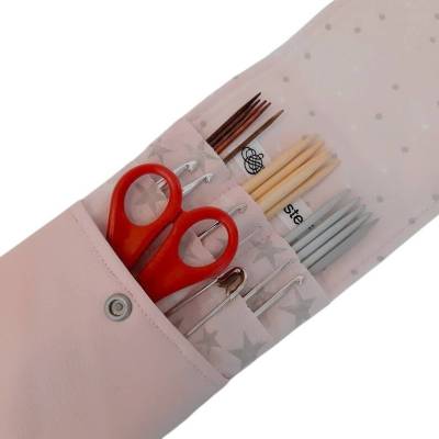 Tasche für Nadelspiel und Häkelnadeln, Nadelmappe rosa mit Sterne