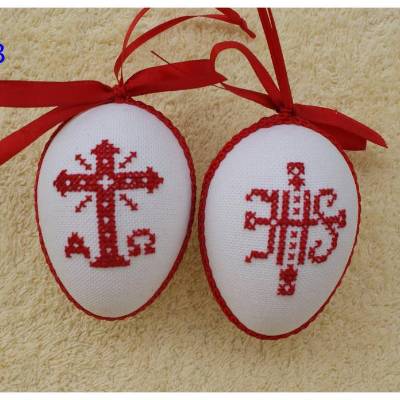 Kreuzstich Osterei Handarbeit gestickt  religiöses Motiv   9cm, rot weiß,