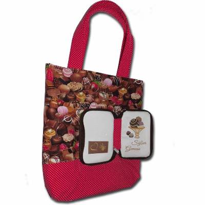 Schokoladige Falttasche Einkaufsbeutel mit Stickmotiv Pralinen Süßer Genuss Einkaufstasche faltbare Tasche Shopper Stofftasche Tragetasche