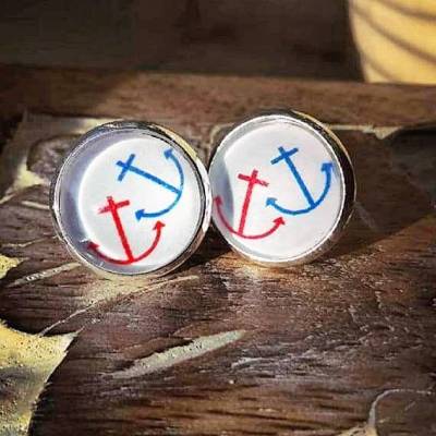 zwei Anker rot blau Ohrstecker, Ohrringe, Ohrhänger, Ringe, Haarspangen Schmuck mit Cabochon