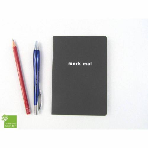 Notizheft, merk mal, DIN A6, schwarz weiß, Titel-Prägung, handmade, Recyclingpapier