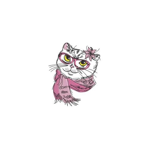 Stickdatei Katze mit Schal handgezeichnet Maschinenstickerei Tiere  Krallen Pfote 10x10 cm 13x18  Rahmen