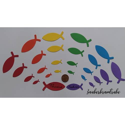 Dekoration bunte Streuteile 138 Fische (1,6cm - 5cm) in 6 Farben des Regenbogens für Deko und Basteln zur Taufe, Konfirmation, Kommunion