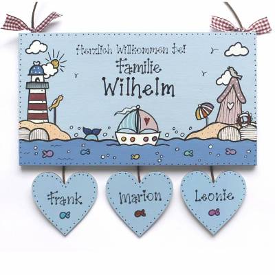 maritimes Haustürschild für Familien personalisiert mit Name, blaues Türschild aus Holz mit Herzanhänger - exklusives Design, wetterfeste Bemalung, hochwertig in Ausführung