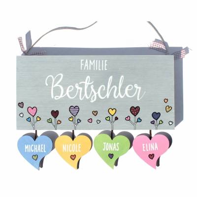 Haustürschild für Familien personalisiert mit Name, buntes Türschild aus Holz mit Herzblumen handgemalt - exklusives Design, wetterfeste Bemalung, hochwertig in Ausführung