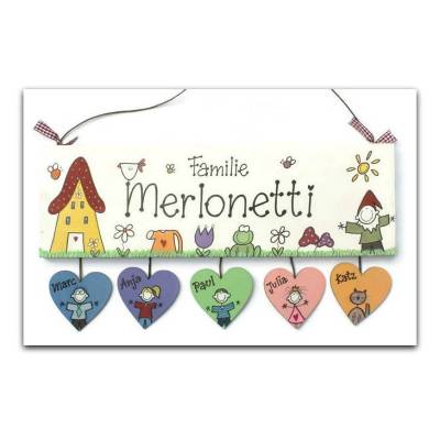 Haustürschild Familie mit Name personalisiert, buntes Türschild aus Holz mit Herzanhänger - exklusiv, wetterfest, dekorativ - Schild für Haustür / Wohnungstür / Hauseingang - einzigartiges Geschenk für Familien, Freunde, Paare