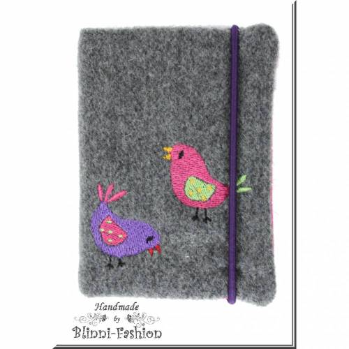 Notizbuch - Vögel - Din A7 Tagebuch, bestickt Wollstoff