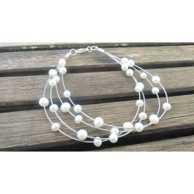 Filigranes Perlenarmband Hochzeit – Minimalistisch, schwebende echte Perlen auf Draht mit Sterling Silber