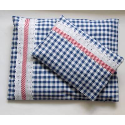 Puppenbettwäsche 2-teilig Karo mit Spitz, Wunschgröße,  für Puppenwagen, Bettwäsche, Bettwäsche Puppenwagen, Kissenbezüge, Puppenbett, rot, blau