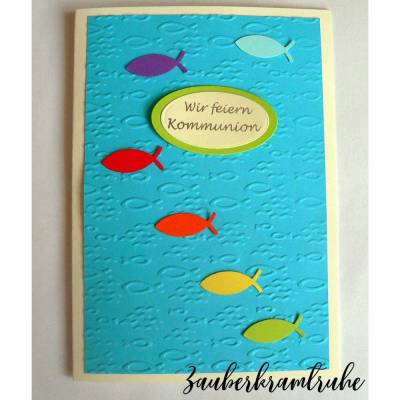 10 Karten zum selber basteln Regenbogen Fische Meer Einladung mit Wir feiern Kommunion DIY