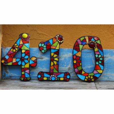 Mosaik Hausnummer bunt, schwarz verfugt, Ziffern 0-9, frostfest