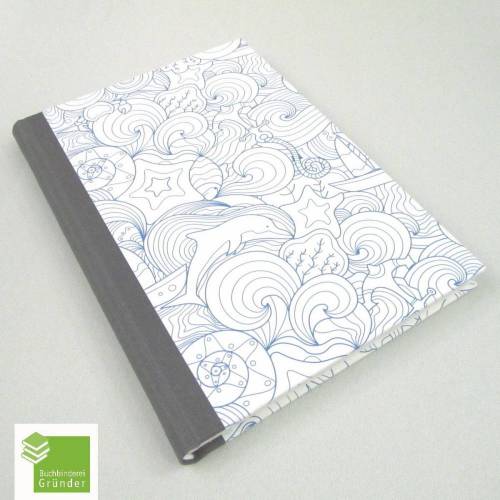 Notizbuch, maritim, blau weiß, A5, Meer, Delfin, Anker, handgefertigt, 200 Seiten Recyclingpapier