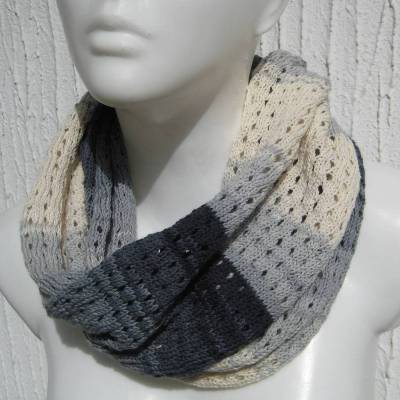 Schlauchschal Loop  SommerLoop gestrickt mit feinem Lochmuster in Naturweiß Hellgrau Anthrazit Baumwolle ➜