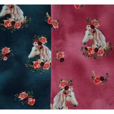 Sommersweat French Terry Sweat-Stoff mit Einhorn Boho Hippie Blumenkranz 50 cm x 145 cm