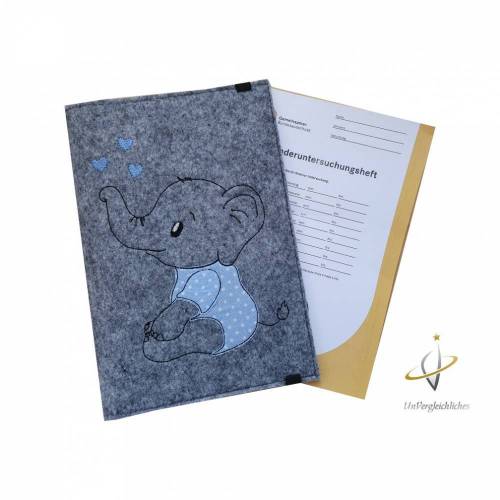 U-Hefthülle Elefant hellblau mit Namen und Datum