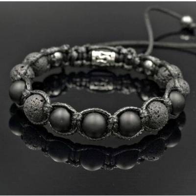 Herren Edelsteinen Armband aus Lava Hämatit und Onyx mit Knotenverschluss, Makramee Armband, 10 mm