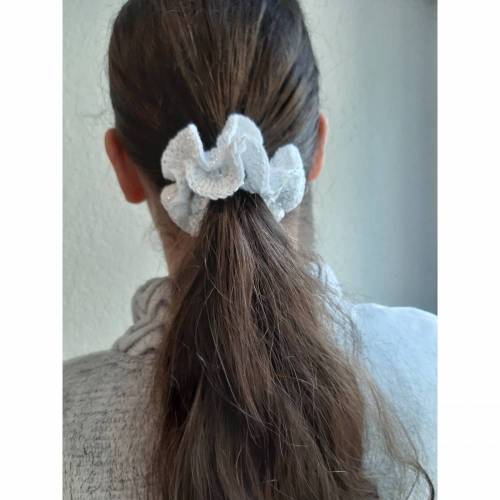 Zopfgummi Haargummi gehäkelt weiß mit Glitzer