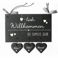 Türschild Schiefer personalisiert, Familienschild / Schieferschild mit Herzanhänger