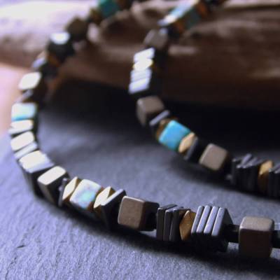 Unisex Kette mit Hämatit und Sediment Jaspis in hellblau WUNSCHLÄNGE