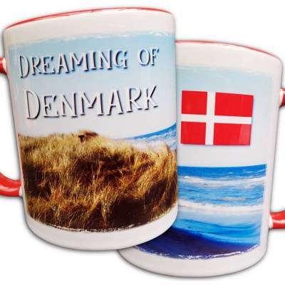Dänemark Tasse Dreaming of Denmark, Urlaub in Dänemark Geschenk, Dänische Flagge, Panorama-Bild, Dünen, Strand, Meer, Kaffeebecher 