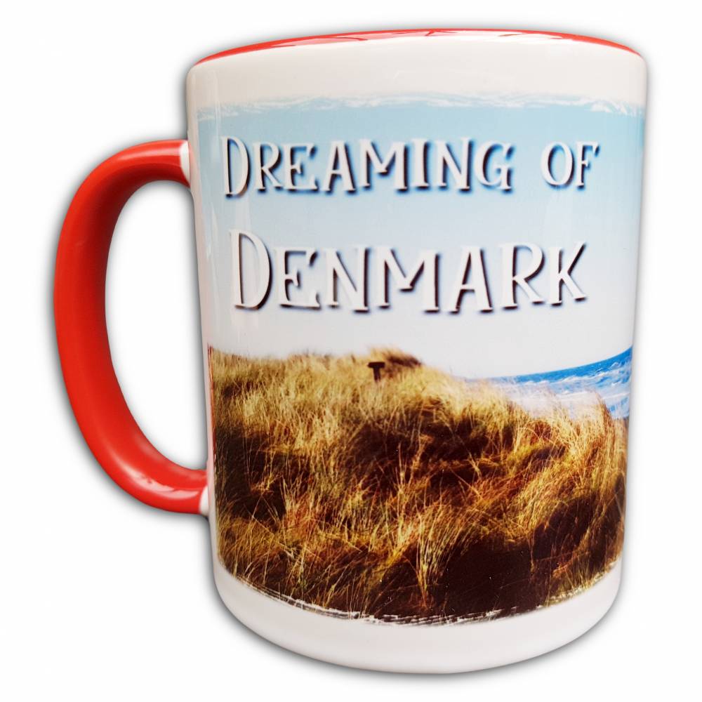 Dänemark Tasse Dreaming of Denmark, Urlaub in Dänemark Geschenk, Dänische Flagge, Panorama-Bild, Dünen, Strand, Meer, Kaffeebecher