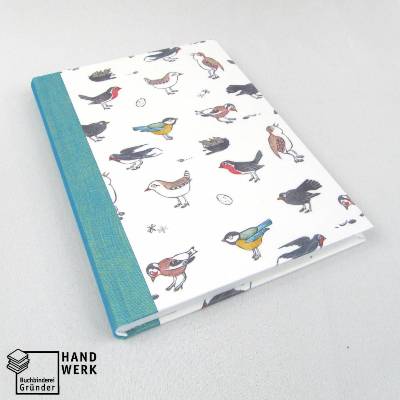 Hardcover Notizbuch, Vögelchen, türkis, DIN A5, 100 Blatt Fadenheftung Recyclingpapier