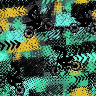 Baumwolldruck Motorcross senfgelb türkis schwarz – Webware Meterware für Jungs und Männer