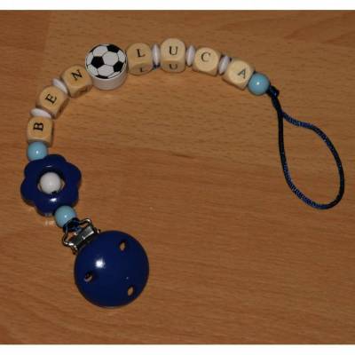 Schnullerkette Fußball und Blume / dunkelblau - hellblau - weiß / Wunschname