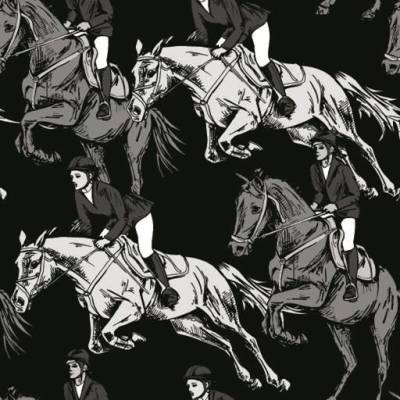 Baumwolldruck Reiterin und Pferd weiß grau schwarz – Stoffmasken & Bekleidung für Jung & Alt