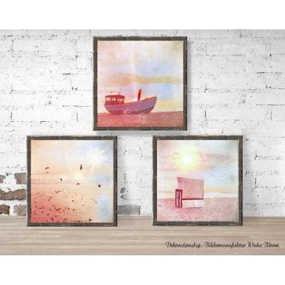 SOMMER AM MEER Maritimes Triptychon auf Holz Leinwand Fineartprint Wandbilder im Shabby Landhausstil handmade kaufen