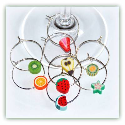 8 Glasmarker Früchte silberfarben, Glasmarkierer Früchtchen, Weinglasringe versch. Sets
