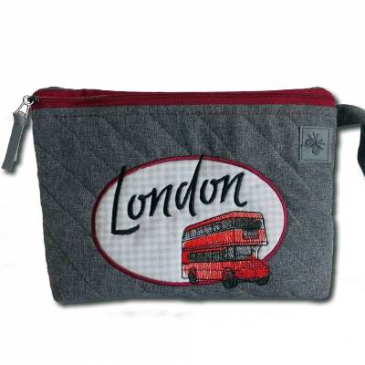 Bestickte Kulturtasche London grau Waschbeutel Kulturbeutel Schminktasche Krimskrams Kosmetiktasche Größe XL 