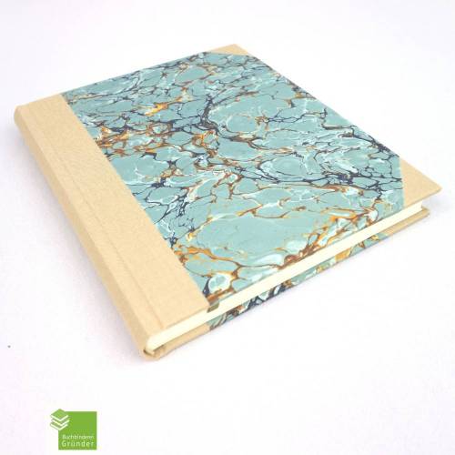 Notizbuch, 18 x 15,7 cm, sand grau-blau, Marmorpapier, Papier glatt, 128 Blatt, handgefertigt