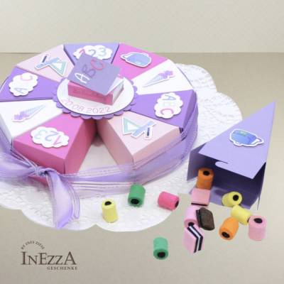 Torte zur Einschulung Schulanfang Gastgeschenke Geldgeschenk Schachteltorte Mädchen Rosa Pink Lila Flieder Weiß