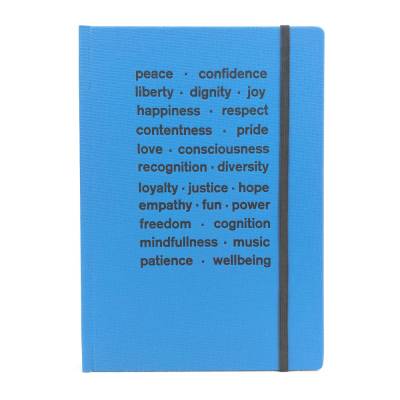 Notizbuch, punktkariert, DIN A5, lagune blau, Best Wishes, Prägung schwarz, peace freedom diversity