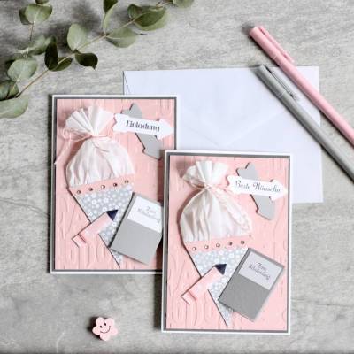 Karte zur Einschulung Schulanfang Mädchen Rosa wahlweise als Glückwunschkarte oder Einladungskarte Schulkind