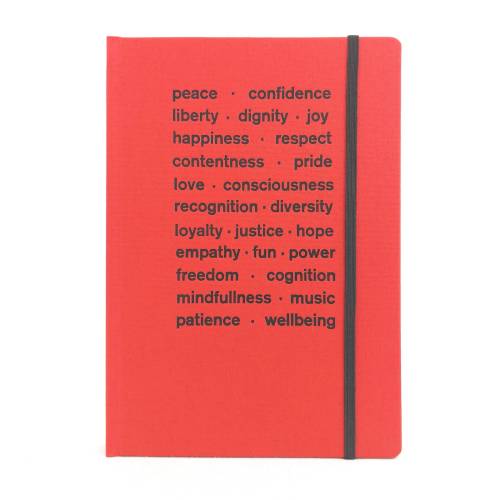 Notizbuch, punktkariert, mohn-rot, peace freedom love respect hope, DIN a5, Best Wishes, Prägung schwarz