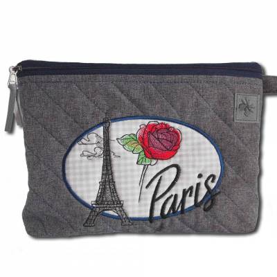 Bestickte Kulturtasche Paris grau Waschbeutel Kulturbeutel Schminktasche Windeltasche Krimskrams Kosmetiktasche Größe XL