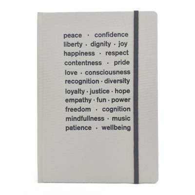 Notizbuch hellgrau, punktkariert, peace freedom love respect hope power, DIN a5, Best Wishes, Prägung schwarz