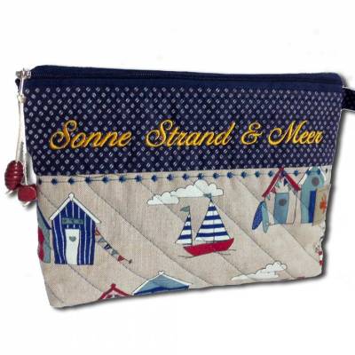 Bestickte Kulturtasche Maritim Stickerei Sonne Strand & Meer, dunkelblau beige - Waschbeutel - Kulturbeutel - Schminktasche - Windeltasche - Krimskrams - Kosmetiktasche - Maße ca. 26 x 21 x 6 cm