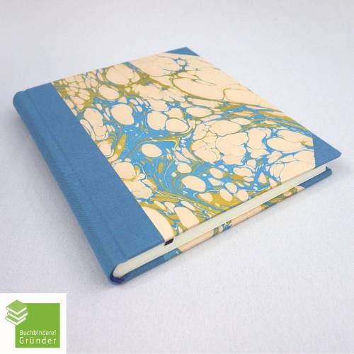 Notizbuch, grau-blau, beige, Marmorpapier, 18 x 15,7 cm, Papier glatt, Skizzenbuch, handgefertigt
