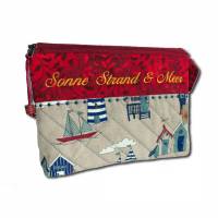 Bestickte Kulturtasche Maritim Stickerei Sonne Strand & Meer Nordsee rot beige - Waschbeutel Kulturbeutel Schminktasche