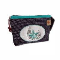 Bestickte Kulturtasche Maritim Stickerei Seestern, dunkelblau türkis - Waschbeutel Kulturbeutel Schminktasche Windeltasche Krimskrams Kosmetiktasche - Maße ca. 26 x 21 x 6 cm