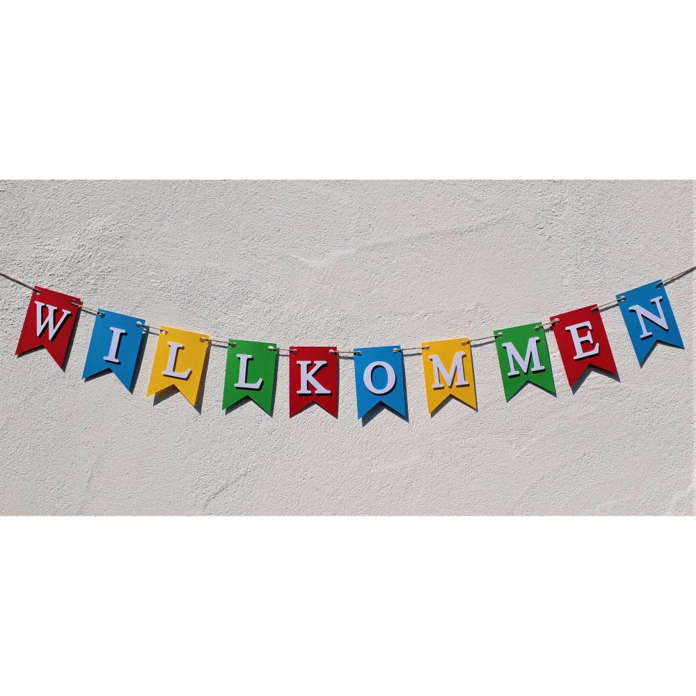 Willkommen Girlande in kräftigen bunten Farben. Handgefertigte Wimpelkette zur Begrüßung, Willkommen Zuhause, Welcome Home, Dekoration zum Empfang